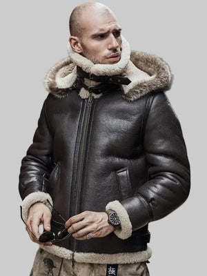 Mens-Hooded-B3-RAF-Aviator-Sheepskin-Shearling-Leather-Jacket-Brown