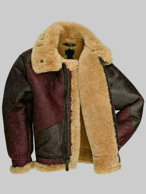 Mens-Maroon-RAF-Aviator-Fur-Shearling-B3-Flying-Brown-Bomber-Real-Leather-Jacket
