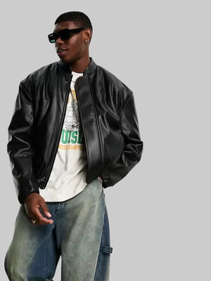 Oversized-Bomber-Jacket-In-Black-Leather-Look