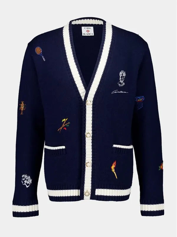 Casablanca Embroidered Icon Navy Blue Knit Cardigan