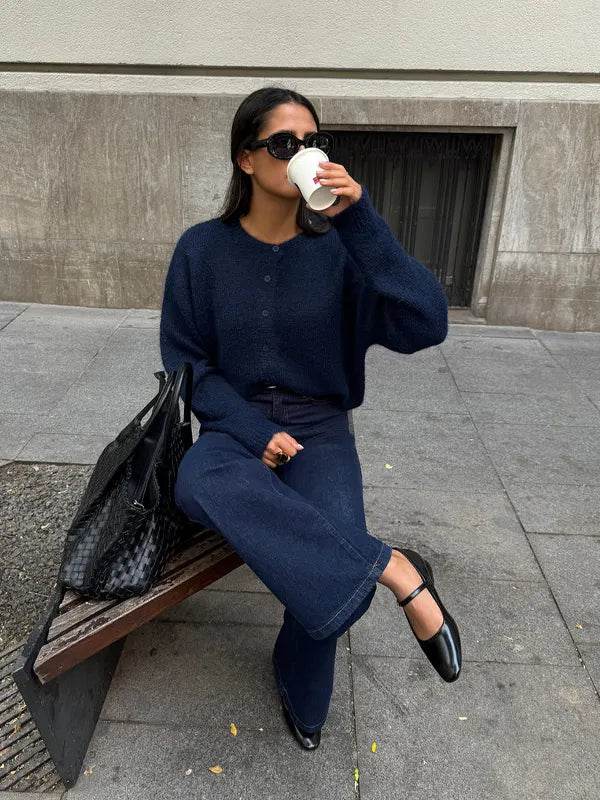 Casual Solid Dark Blue Long-Sleeve Cardigan Sweater