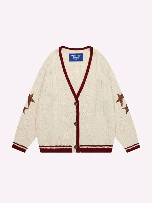 Elfric Eden Star Patch Cable Knit Cardigan - Cream & Burgundy