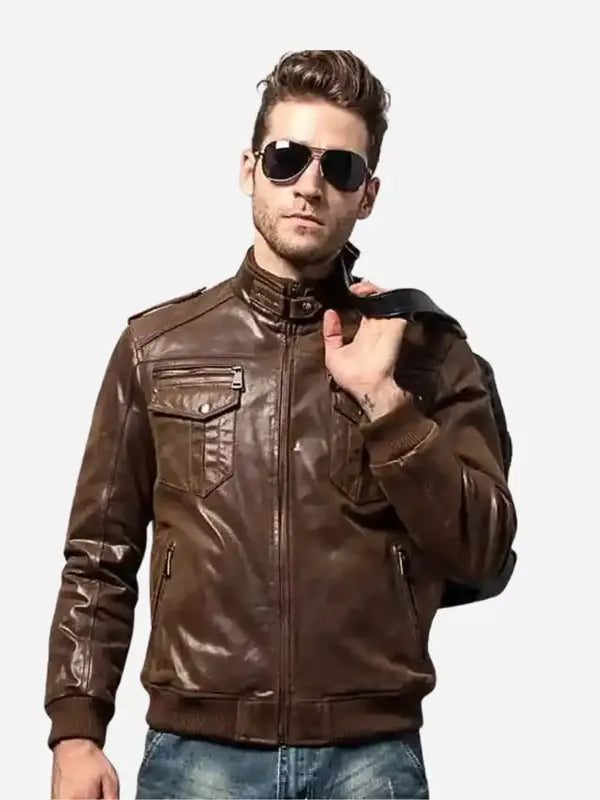men-s-brown-bomber-leather-jacket-with-rib-collar