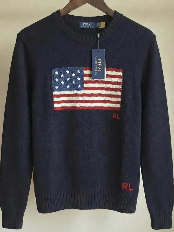 Men's Designer US Flag Intarsia Knit Pullover Jumper