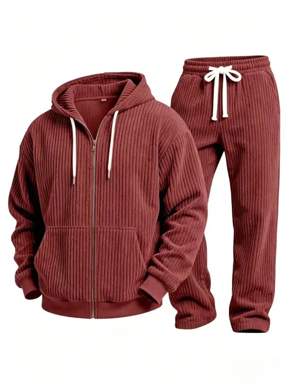 Men's Maroon Corduroy Zip-Up Hoodie and Pants Tracksuit