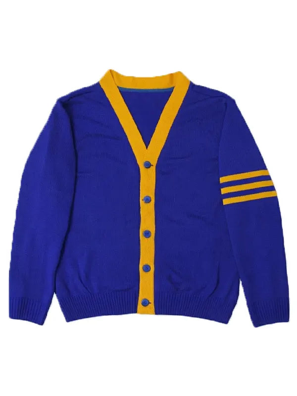 Men's Royal Blue & Yellow Varsity Striped V-Neck Cardigan