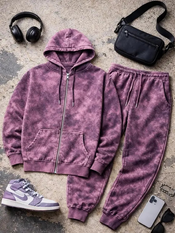 Men's Purple Acid Wash Zip-Up Tracksuit