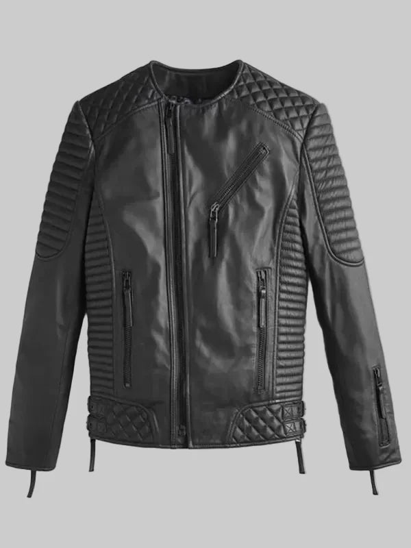 Mens-Collarless-Black-Leather-Jacket