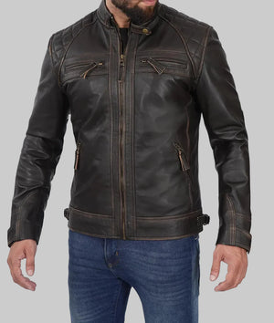 Mens-Distressed-Cafe-Racer-Leather-Jacket-Black