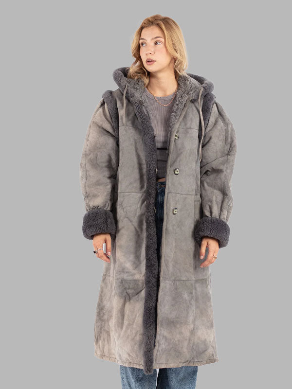 Women Vintage 80's Gray Sheepskin Shearling Coat