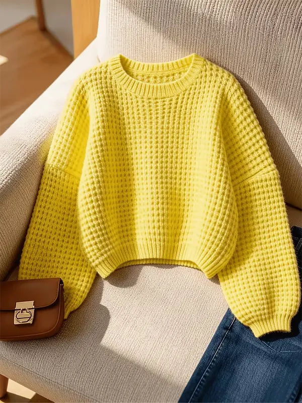 Women's Bright Yellow Waffle-Knit Crewneck Pullover Sweater