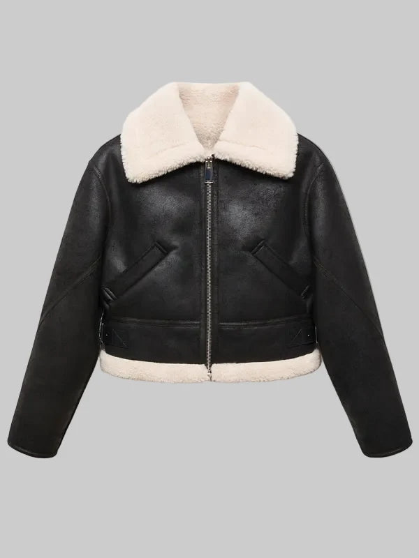 Womens-Shearling-Effect-Lined-Short-Leather-Jacket